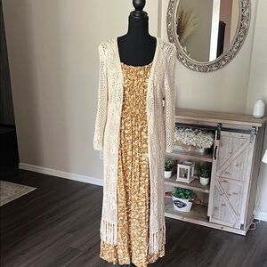 Old Navy Mustard Floral Maxi Dress with Cream Crochet Fringe Cardigan